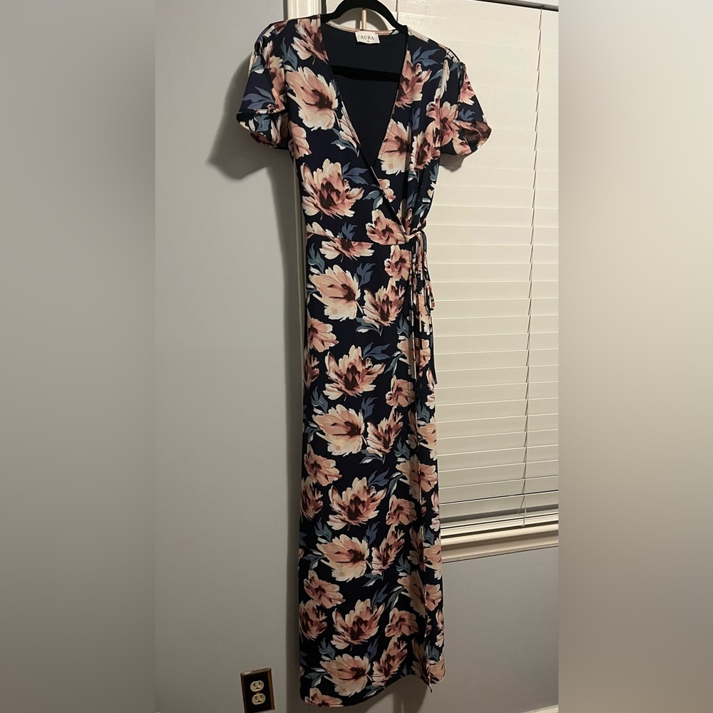 Aura Navy Floral Maxi Wrap Dress